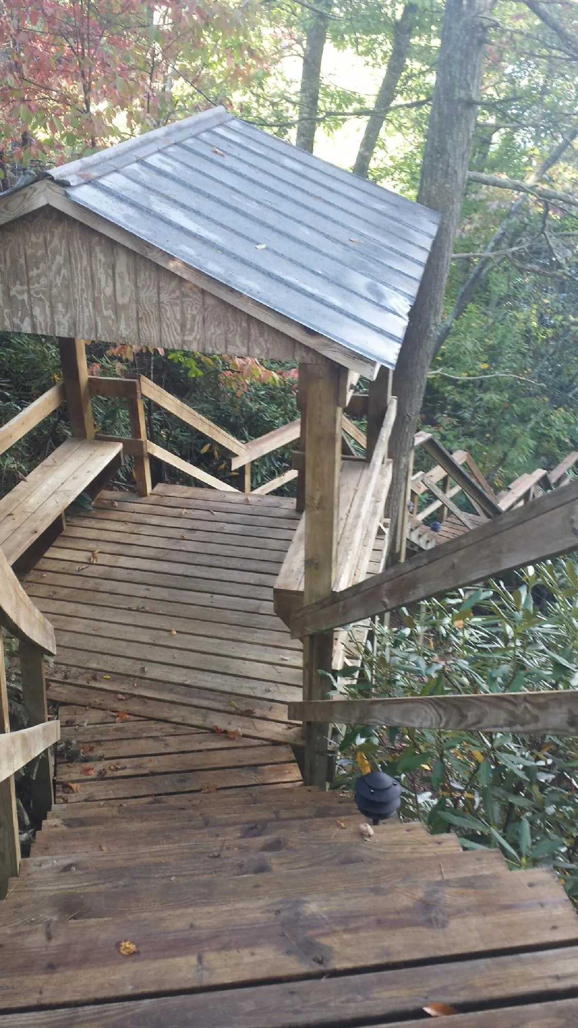 Metal roofed shelter over wooden steps on a wooded walkway — Skylight Repair & Installation work by our crew in Munster
